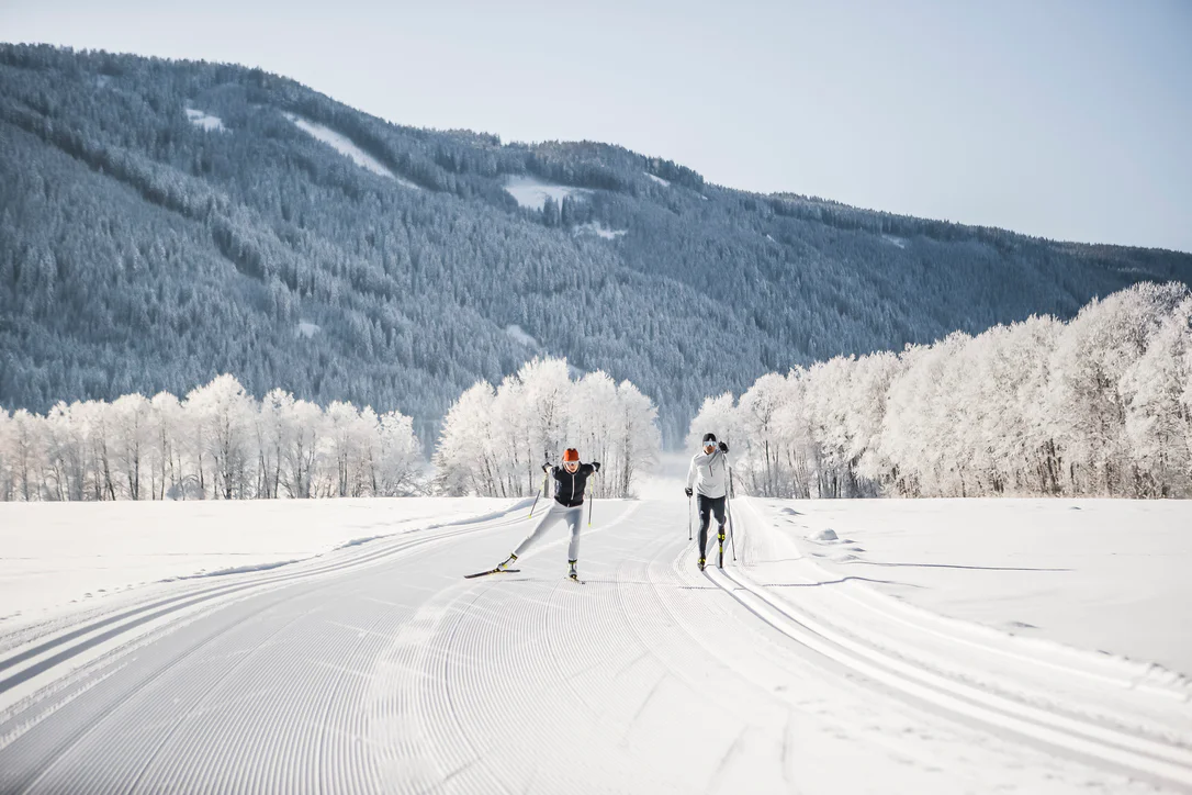 Two people cross country ski through a snow-covered landscape 