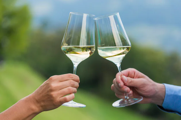 Due mani tengono un calice di vino bianco per un brindisi